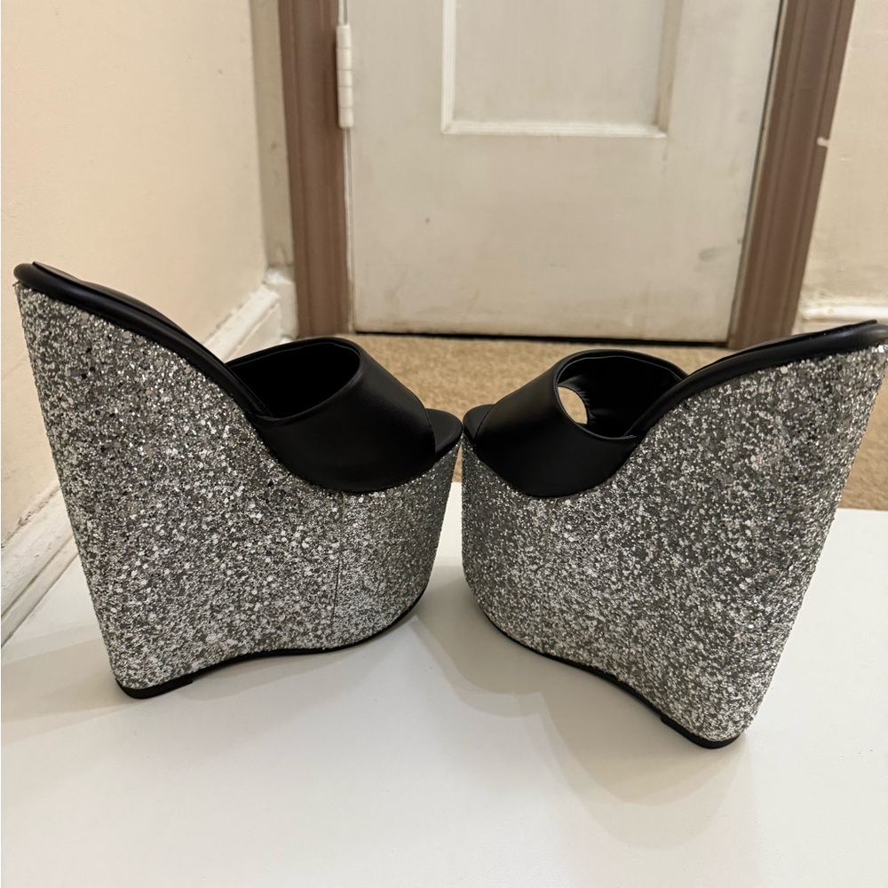Black and Silver Glitter Platform Wedge Mules